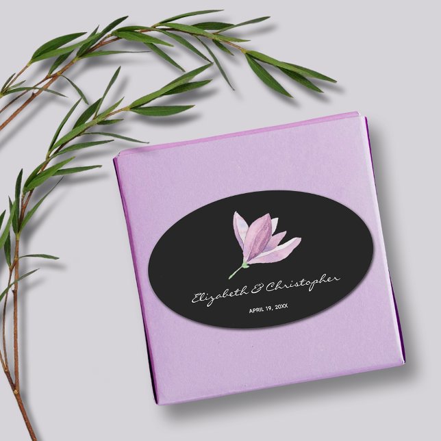 Sticker Ovale Floral Magnolia sur le Mariage noir (Magnolia Floral Wedding Favor Black Oval Stickers)