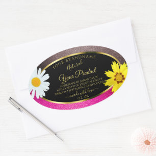Sticker Ovale Floral rose Bourgogne Parties scintillant noir Éti