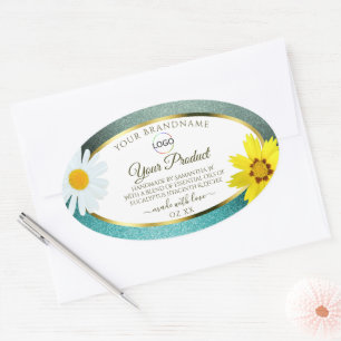 Sticker Ovale Floral Turquoise Bleu Parties scintillant Blanc Pr