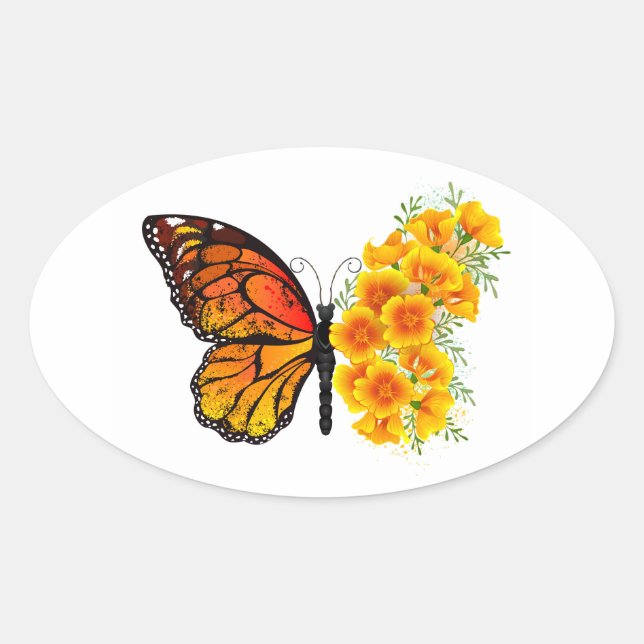 Sticker Ovale Flower Butterfly with Yellow California Poppy (Devant)
