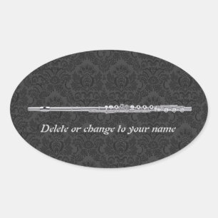 Sticker Ovale Flûte d'argent sur noir Damask Oval