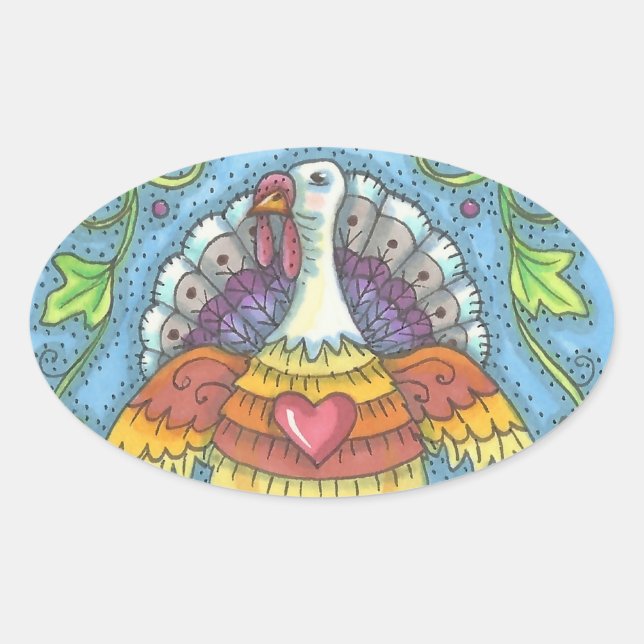 STICKER OVALE FOLK ART TURQUIE, GRAPHIQUE D'OISEAUX (Devant)