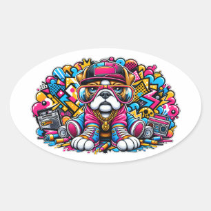 Sticker Ovale Fond de toile de rue graffiti Street Style Bulldog