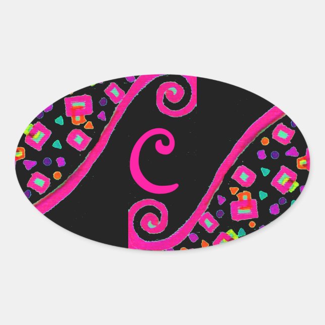 STICKER OVALE FUCHSIE ROSE NOIR DÉCO MONOGRAM ABSTRAIT (Devant)