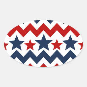 Sticker Ovale Fun Rouge Blanc Bleu Chevron Étoiles et rayures