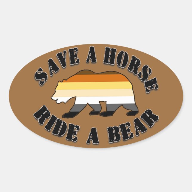 Sticker Ovale Gay Bear Pride Enregistrer un cheval Ride Ours (Devant)