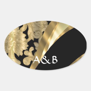 Sticker Ovale Gold & black damask swirl