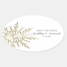 Sticker Ovale Gold Snowflake Mariage d'hiver Enregistrer la date