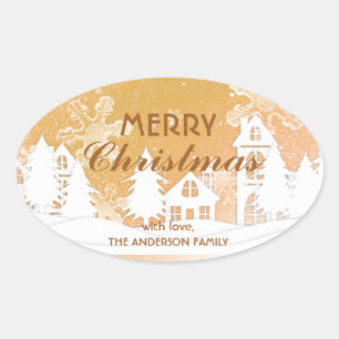 Sticker Ovale Gold White House Snowflakes Noël Bonne année