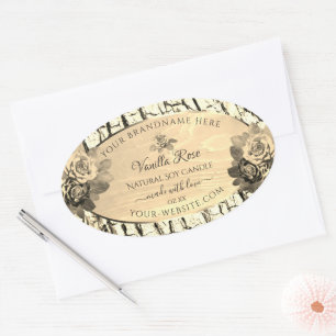 Sticker Ovale Grain de bois Brown clair Sepia Roses Produit Étiq