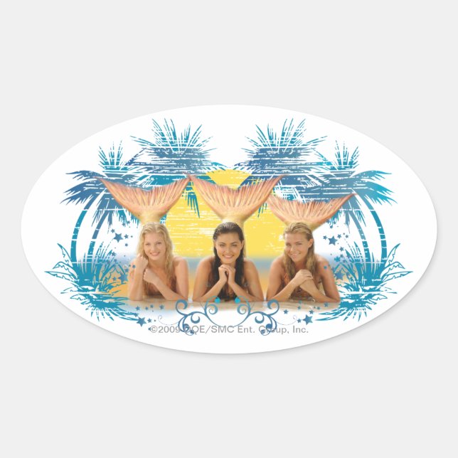 Sticker Ovale Graphique Arbre de palmiers bleus du groupe (Devant)