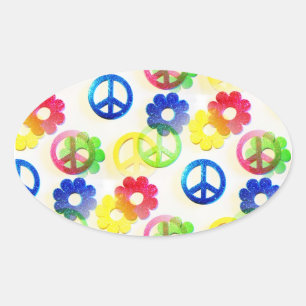 Sticker Ovale Groovy hippie Peace Signs Flower Power Sparkles