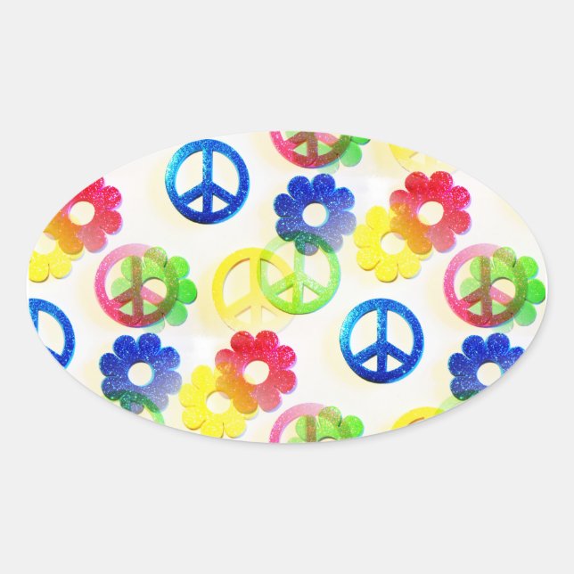 Sticker Ovale Groovy hippie Peace Signs Flower Power Sparkles (Devant)