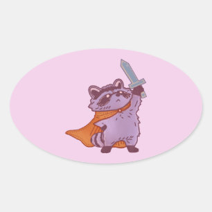 Sticker Ovale Guerrier Raton Laveur Fantastique Mignon avec Épée