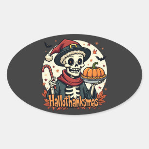 Sticker Ovale Hallothanksmas Squelette : Citrouille tarte et Suc