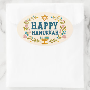 Sticker Ovale HAPPY HANOUKKA fleurie couronne Juive Holiday