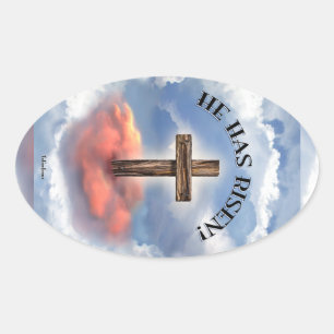 Sticker Ovale Has Risen Rugged Cross With Clouds