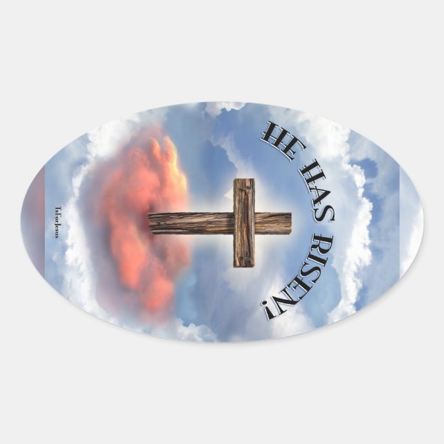 Sticker Ovale Has Risen Rugged Cross With Clouds (Devant)