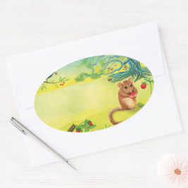 Sticker Ovale Hazel Dormouse Manger Fraise Sauvage