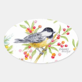 Sticker Ovale Holiday Chickadee Berry Branch Greeting Card