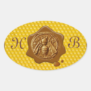 STICKER OVALE HONEY BEE, MONOGRAMME DE SCEAU DE CIRE BROWN