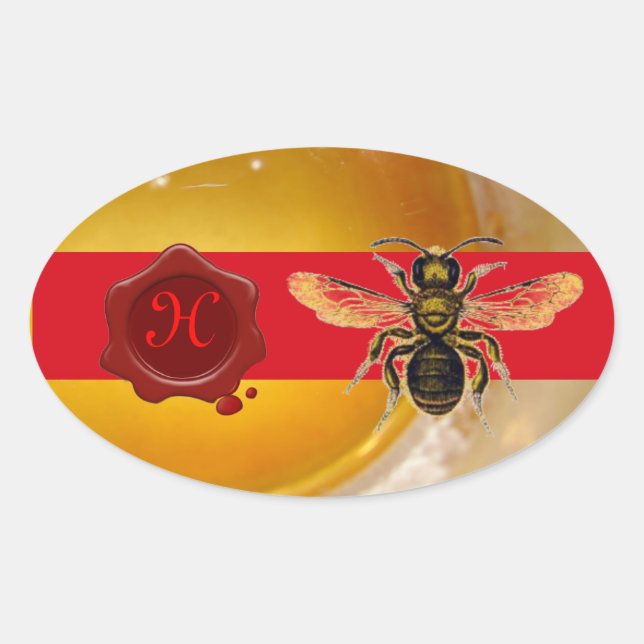 STICKER OVALE HONEY BEE RED WAX SEAL MONOGRAM, BEEKEEPER (Devant)