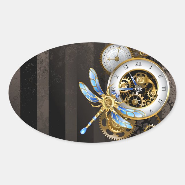 Sticker Ovale Horloge à vapeur avec libellule mécanique (Devant)