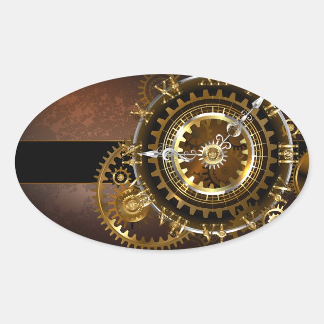 Sticker Ovale Horloge Steampunk avec des engrenages anciens (Devant)