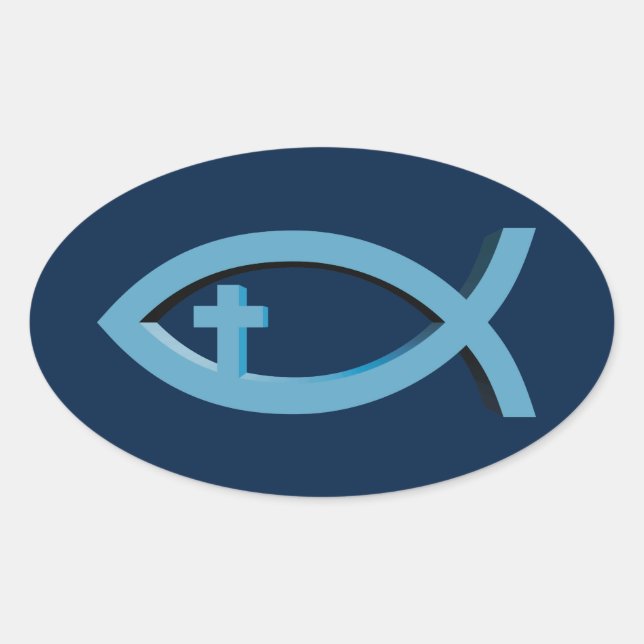 Sticker Ovale Ichthus - Symbole chrétien du poisson avec Crucifi (Devant)