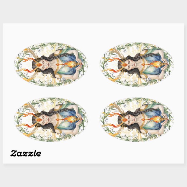 Sticker Ovale Imboly Floral Déesse Wiccan Holiday (Feuille)