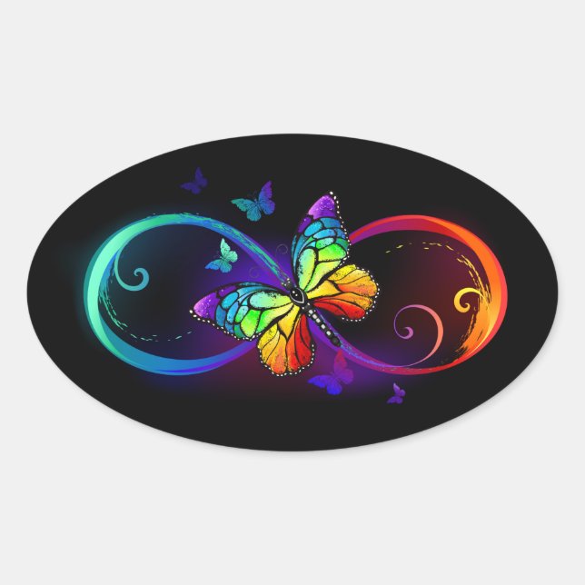 Sticker Ovale Infini vibrant avec papillon arc-en-ciel sur noir (Devant)