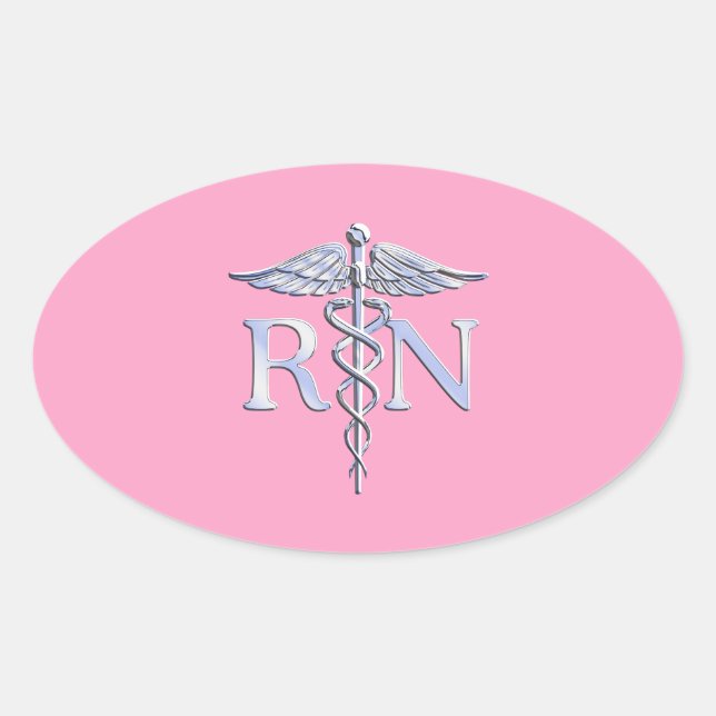 Sticker Ovale Infirmière autorisée RN Caduceus sur le rose clair (Devant)