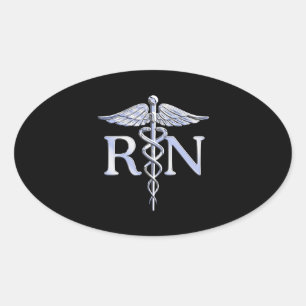 Sticker Ovale Infirmière inscrite RN Silver Caduceus Snakes Blac