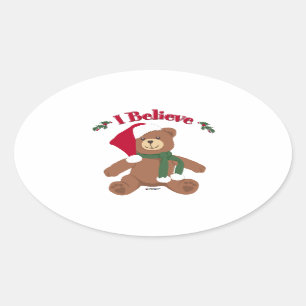 Sticker Ovale Je Crois ! Ours en peluche Noël