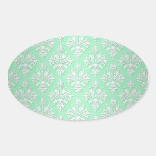Sticker Ovale Joli motif damassé floral vert menthe et blanc