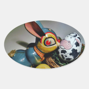 Sticker Ovale Jouet lapin et oeuf de vache