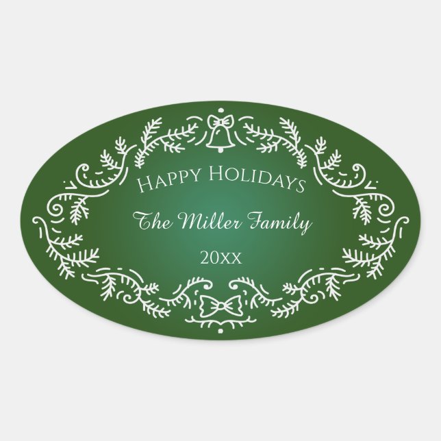 Sticker Ovale Joyeuses Fêtes Blanches Frame sur Vert (Devant)