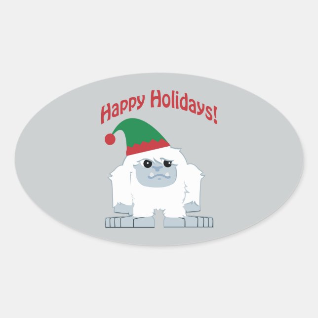 Sticker Ovale Joyeuses fêtes ! Yeti de Noël (Devant)