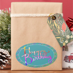 Sticker Ovale "Joyeux anniversaire !" Arc-en-ciel rayé à la main