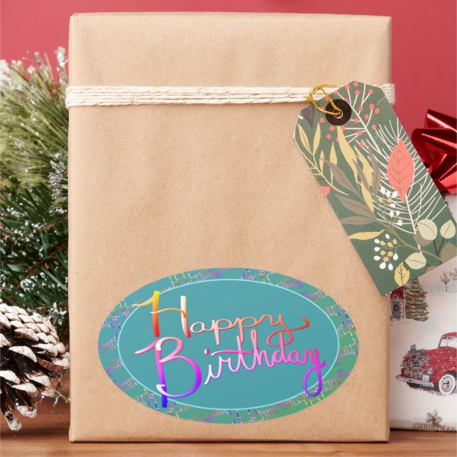 Sticker Ovale "Joyeux anniversaire !" Arc-en-ciel rayé à la main (vacances)