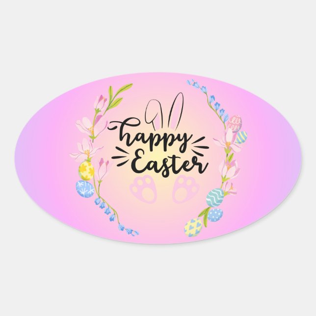 Sticker Ovale Joyeux Bunny de Pâques Outline Joli Pastel (Devant)