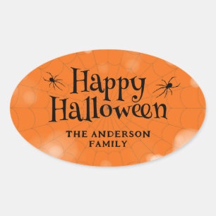 Sticker Ovale Joyeux Halloween Nom de famille Araignées