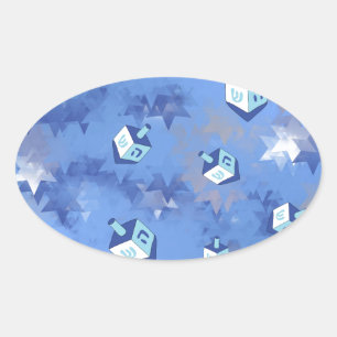 Sticker Ovale Joyeux Hanukkah Étoiles Filantes et Dreidels