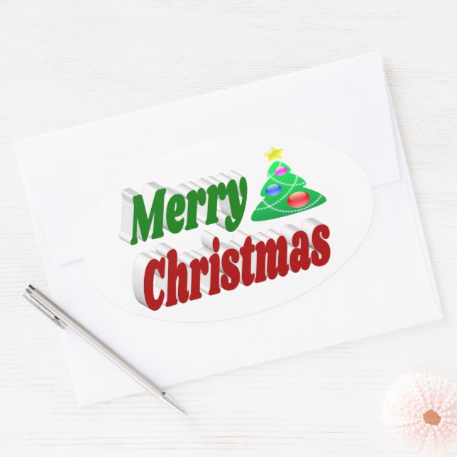 Sticker Ovale Joyeux Noël Arbre rouge vert typographie (Enveloppe)