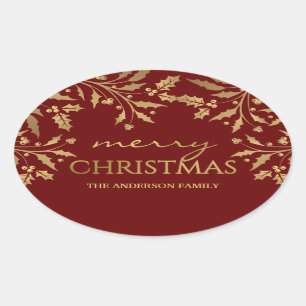 Sticker Ovale Joyeux Noël Gold Holiday Holly Faux Foil