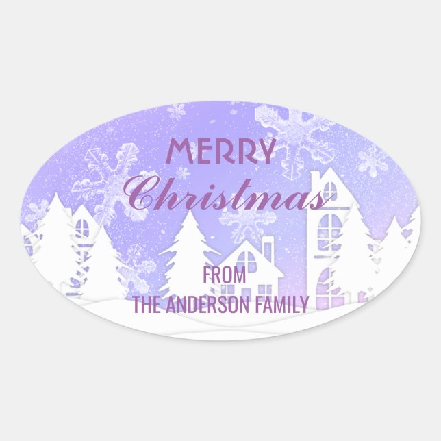 Sticker Ovale Joyeux Noël Maison Blanche Flocons de Neige Violet (Devant)