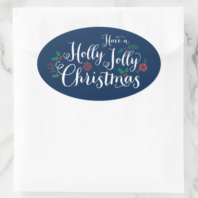 Sticker Ovale Joyeux Noël Navy Bleu Script (Sac)