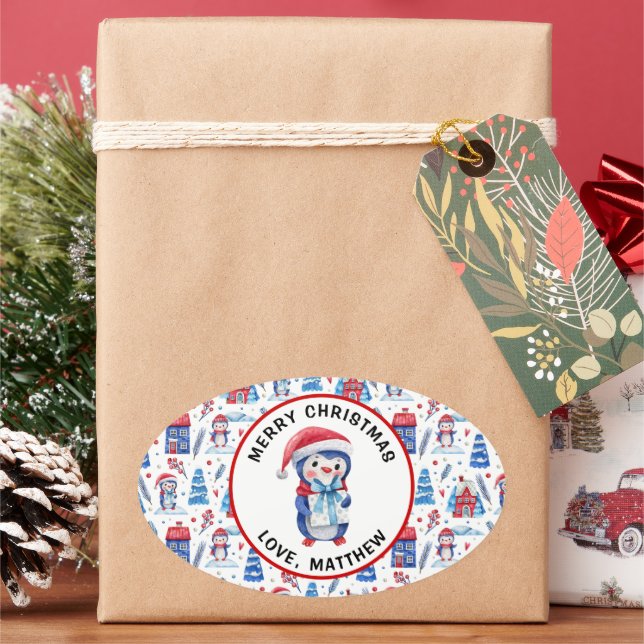 Sticker Ovale Joyeux Noël & Nom sur 4 Motif de pingouin (vacances)