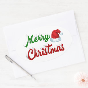 Sticker Ovale Joyeux Noël Santa Chapeau rouge vert script