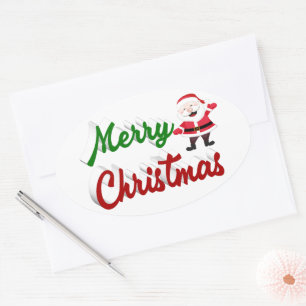Sticker Ovale Joyeux Noël Santa Claus rouge vert script